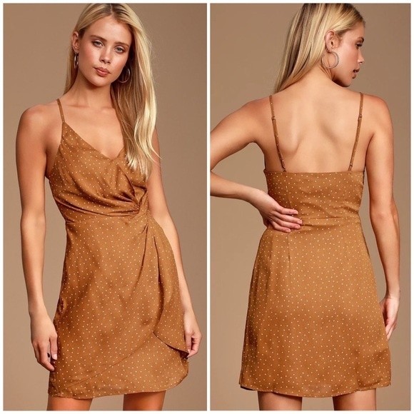 Lulus Missy Rust Orange Polka Dot Satin Knotted Front Mini Dress Size Small - Picture 3 of 14